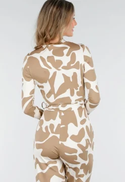 Beige-Witte Stretch Jumpsuit met Abstracte Print