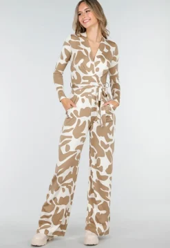 Beige-Witte Stretch Jumpsuit met Abstracte Print