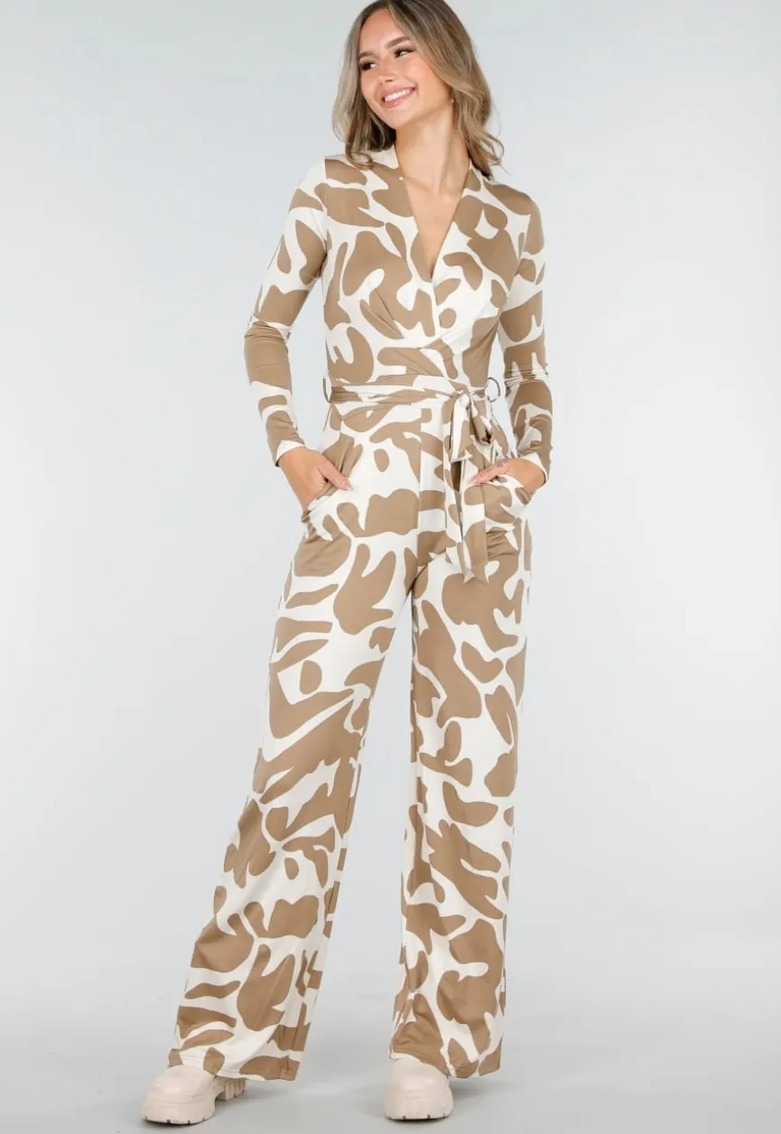 Beige-Witte Stretch Jumpsuit met Abstracte Print