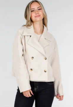 Beige Wollook Jas met Dubbele Rij Knopen en Brede Reverskraag