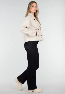 Beige Wollook Jas met Dubbele Rij Knopen en Brede Reverskraag