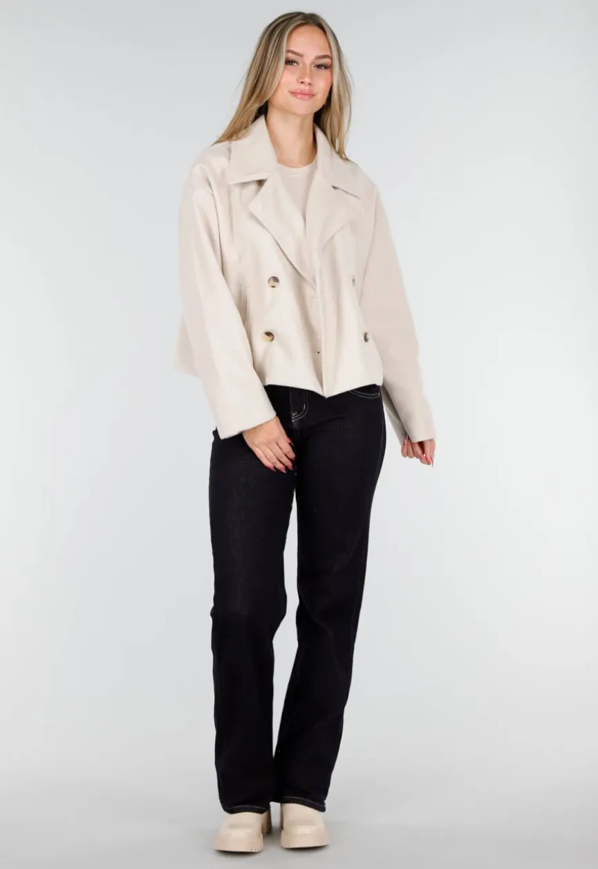 Beige Wollook Jas met Dubbele Rij Knopen en Brede Reverskraag