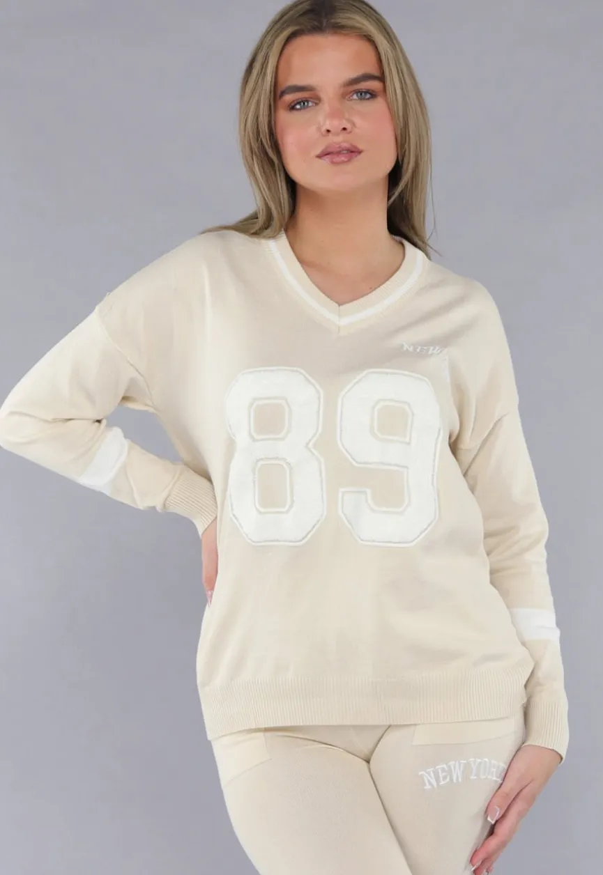 Beige Zachte Matching Stretch Set met Teddy Borduursel