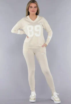 Beige Zachte Matching Stretch Set met Teddy Borduursel