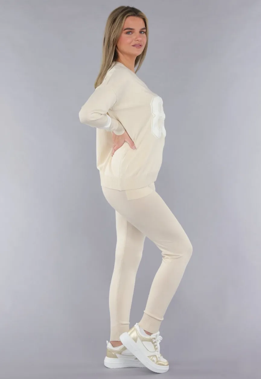 Beige Zachte Matching Stretch Set met Teddy Borduursel
