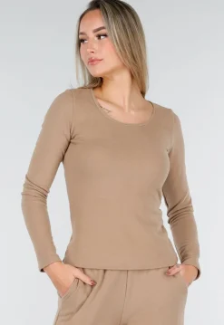 Beige Zachte Stretch Top met Ronde Hals en Lange Mouwen