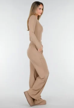 Beige Zachte Stretch Top met Ronde Hals en Lange Mouwen