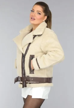 Beige Zachte Tussenjas met Bruine Details
