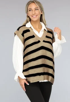 Beige/Zwarte Gebreide Jumper met Streep Patroon