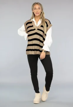 Beige/Zwarte Gebreide Jumper met Streep Patroon