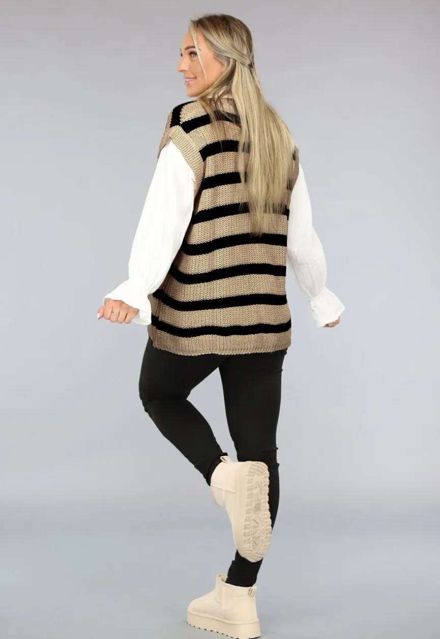Beige/Zwarte Gebreide Jumper met Streep Patroon