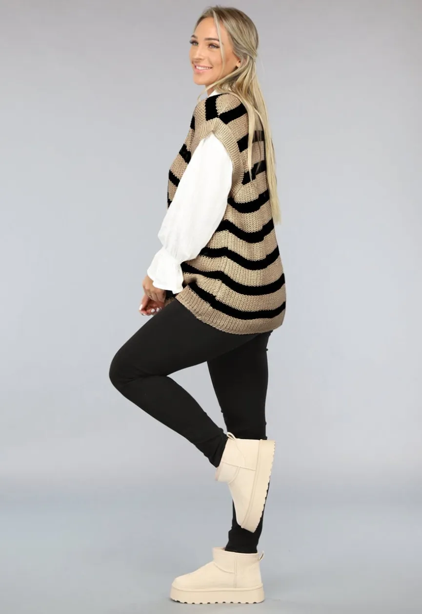 Beige/Zwarte Gebreide Jumper met Streep Patroon