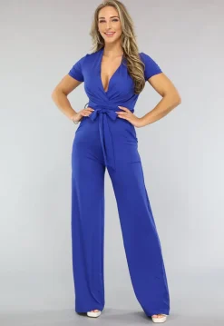 Blauwe Aansluitende Wide Leg Jumpsuit met Ceintuur