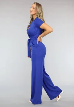 Blauwe Aansluitende Wide Leg Jumpsuit met Ceintuur