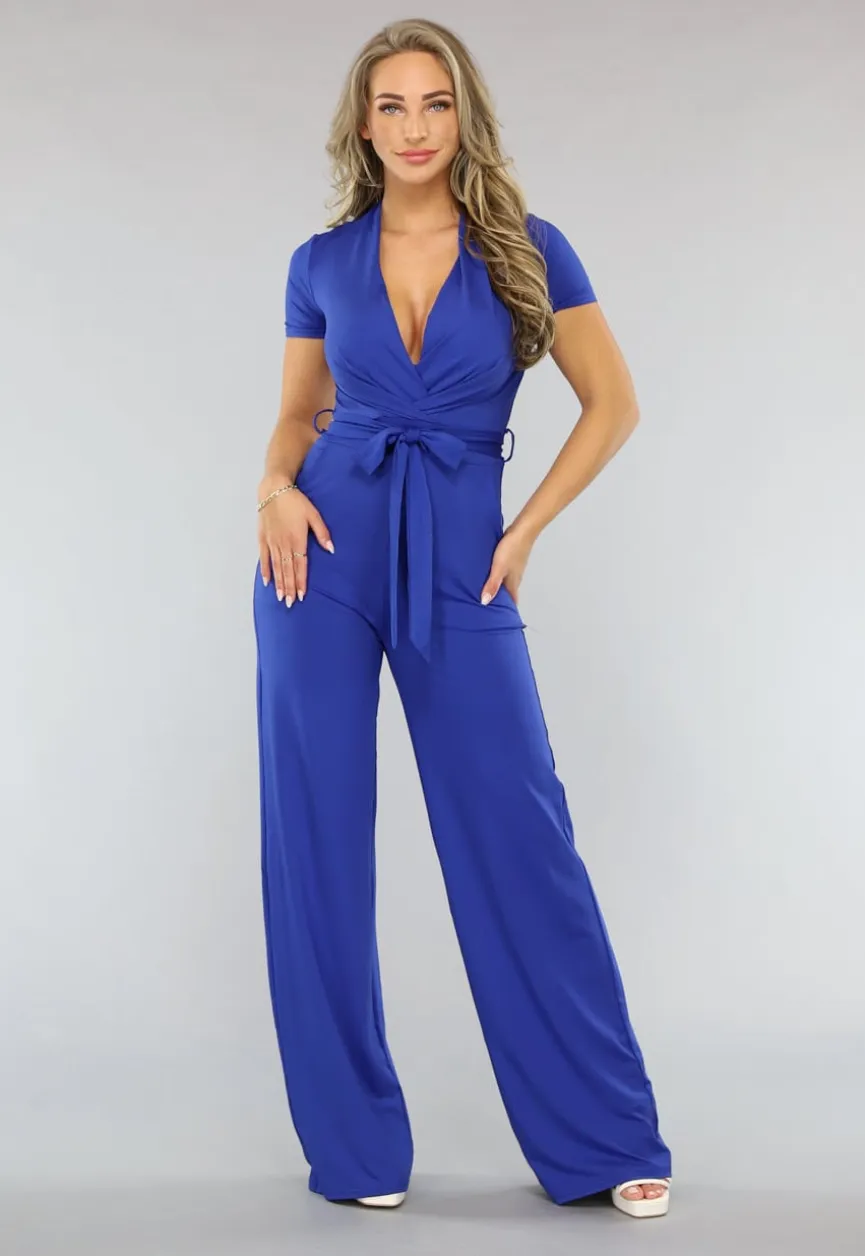 Blauwe Aansluitende Wide Leg Jumpsuit met Ceintuur