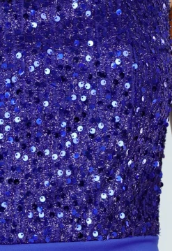 Blauwe Avondjurk met Pailletten Top en Hoge Split in Maxi Lengte