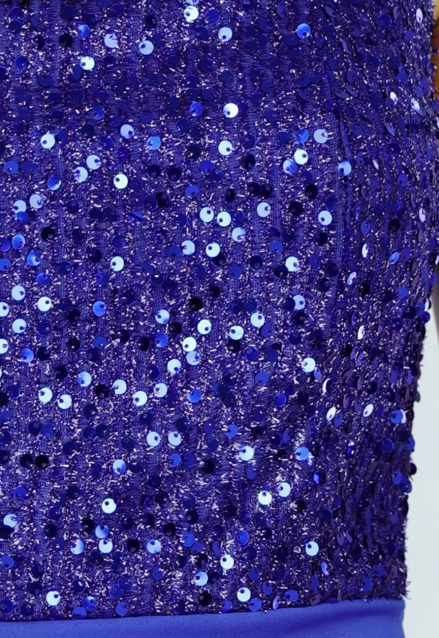 Blauwe Avondjurk met Pailletten Top en Hoge Split in Maxi Lengte