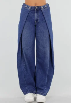 Blauwe Barrel Jeans met Drukknoopdetails en Verstelbare Plooien