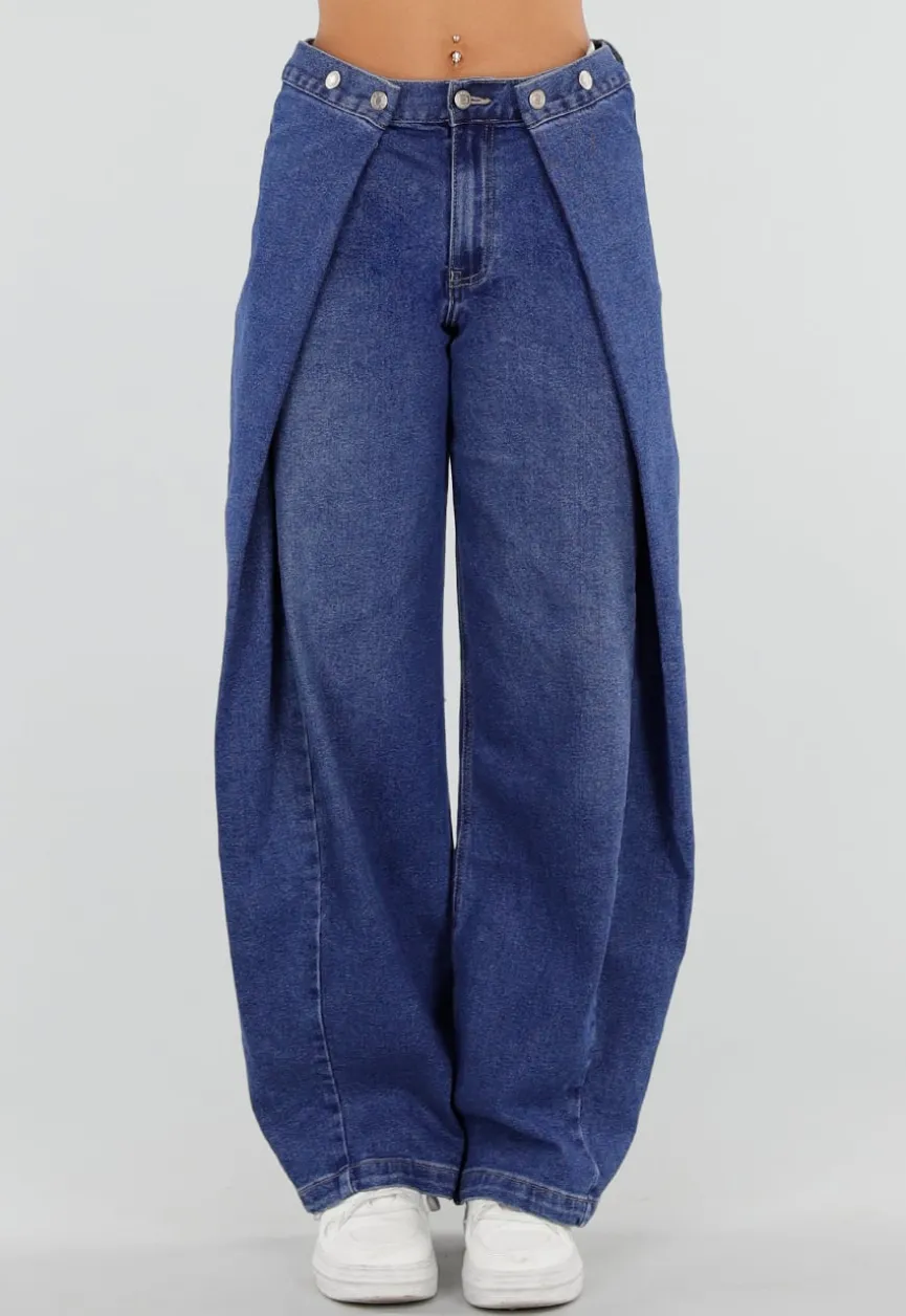 Blauwe Barrel Jeans met Drukknoopdetails en Verstelbare Plooien