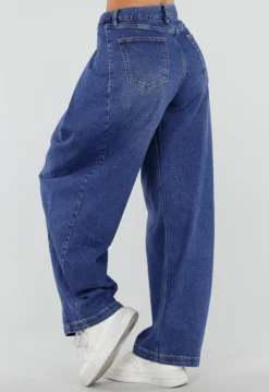 Blauwe Barrel Jeans met Drukknoopdetails en Verstelbare Plooien