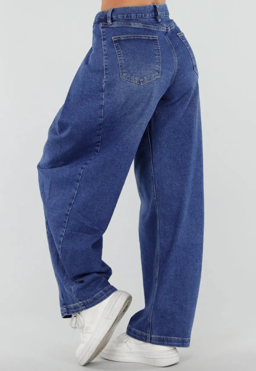 Blauwe Barrel Jeans met Drukknoopdetails en Verstelbare Plooien