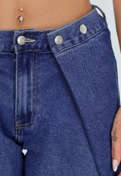 Blauwe Barrel Jeans met Drukknoopdetails en Verstelbare Plooien