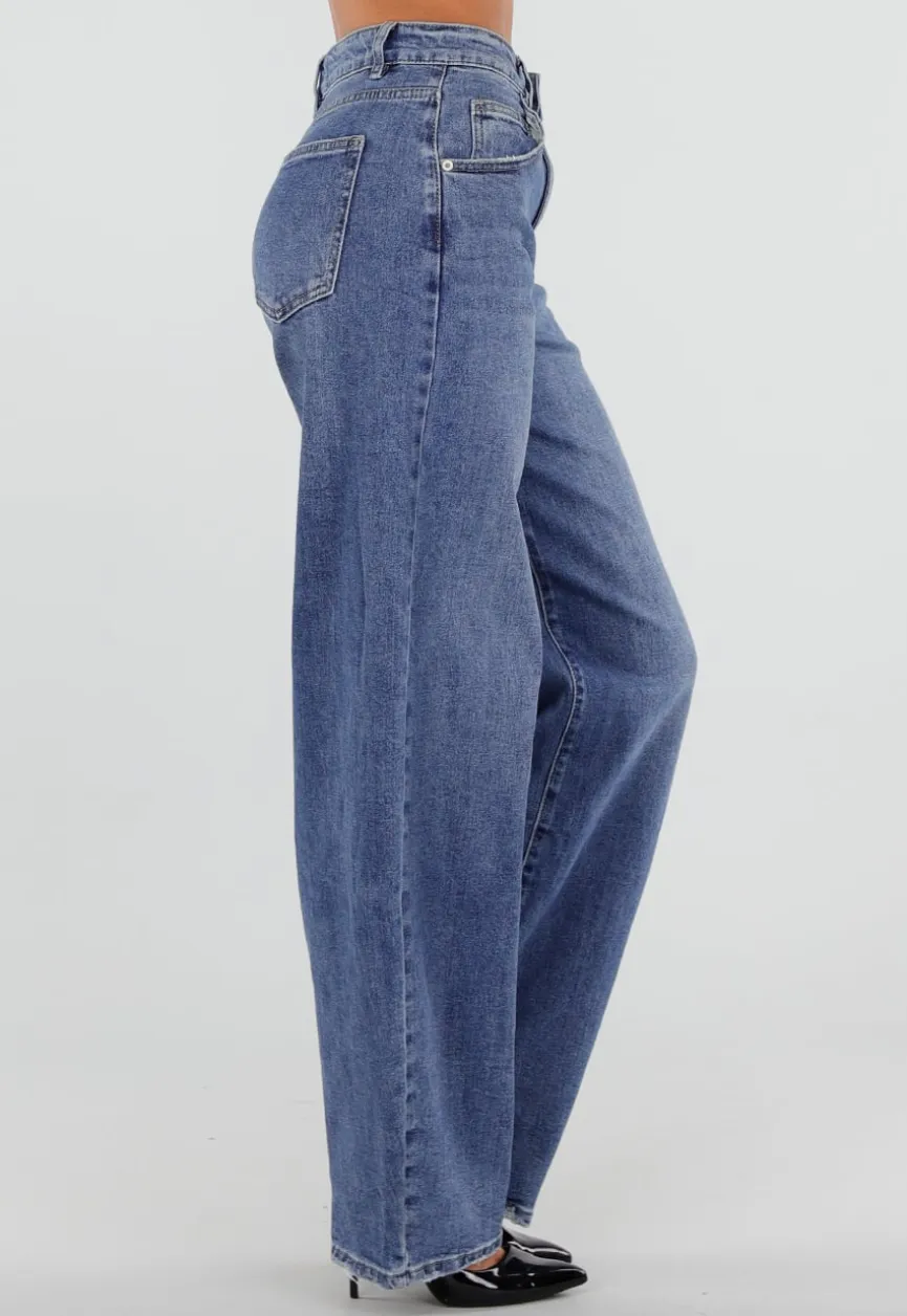 Blauwe Barrel Jeans met Hoge Taille en Lichte Stretch