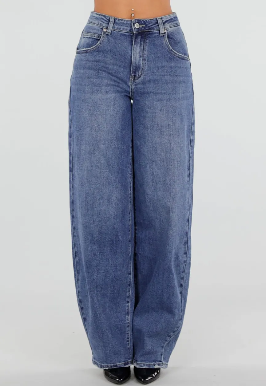 Blauwe Barrel Jeans met Hoge Taille en Lichte Stretch