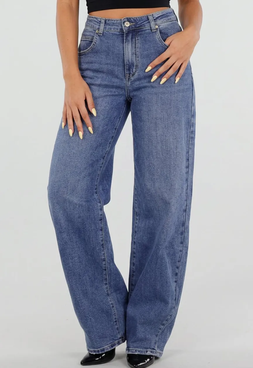 Blauwe Barrel Jeans met Hoge Taille en Lichte Stretch