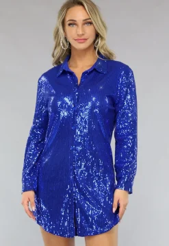 Blauwe Blouse Jurk met Glitters en Kraagje