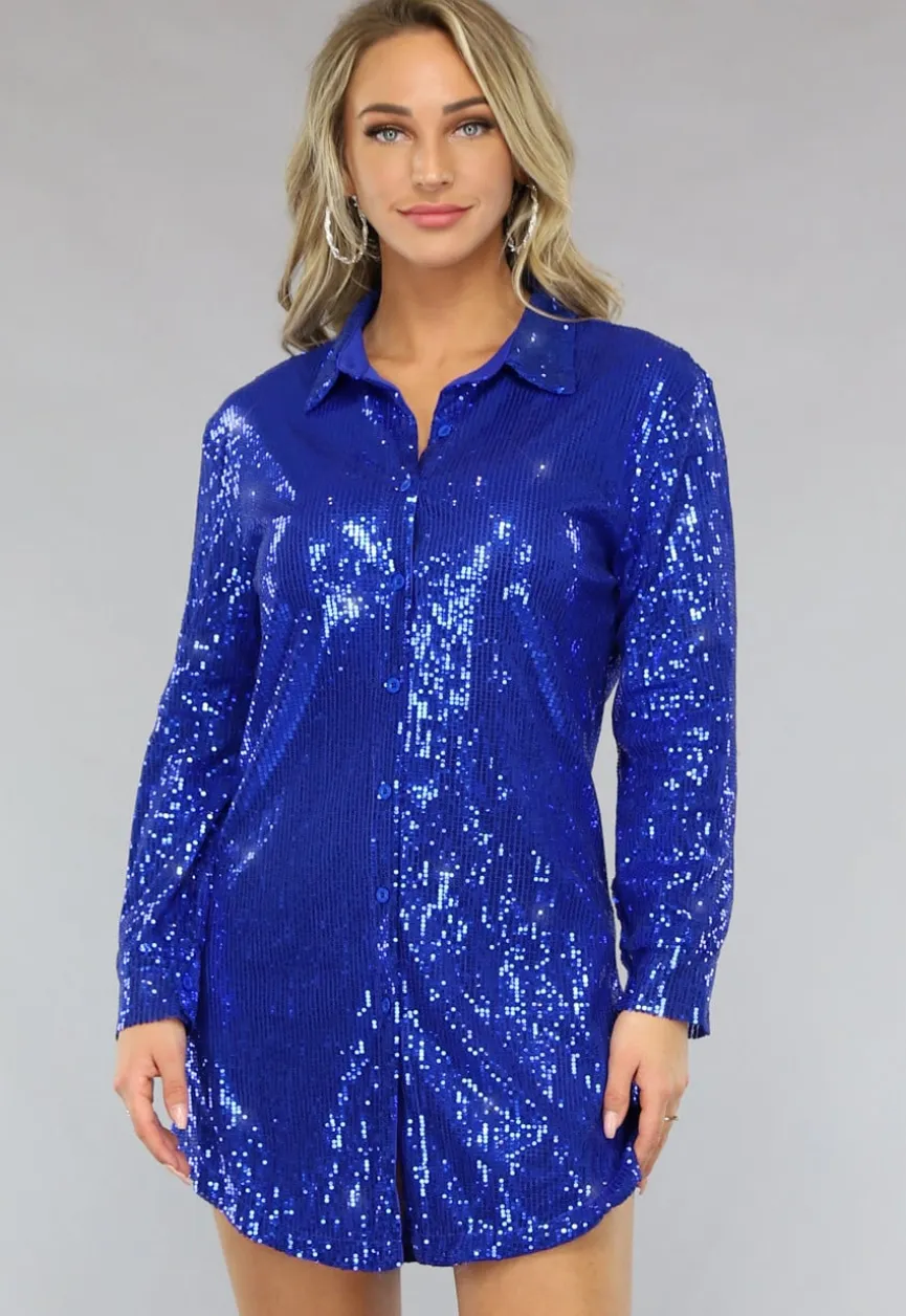 Blauwe Blouse Jurk met Glitters en Kraagje