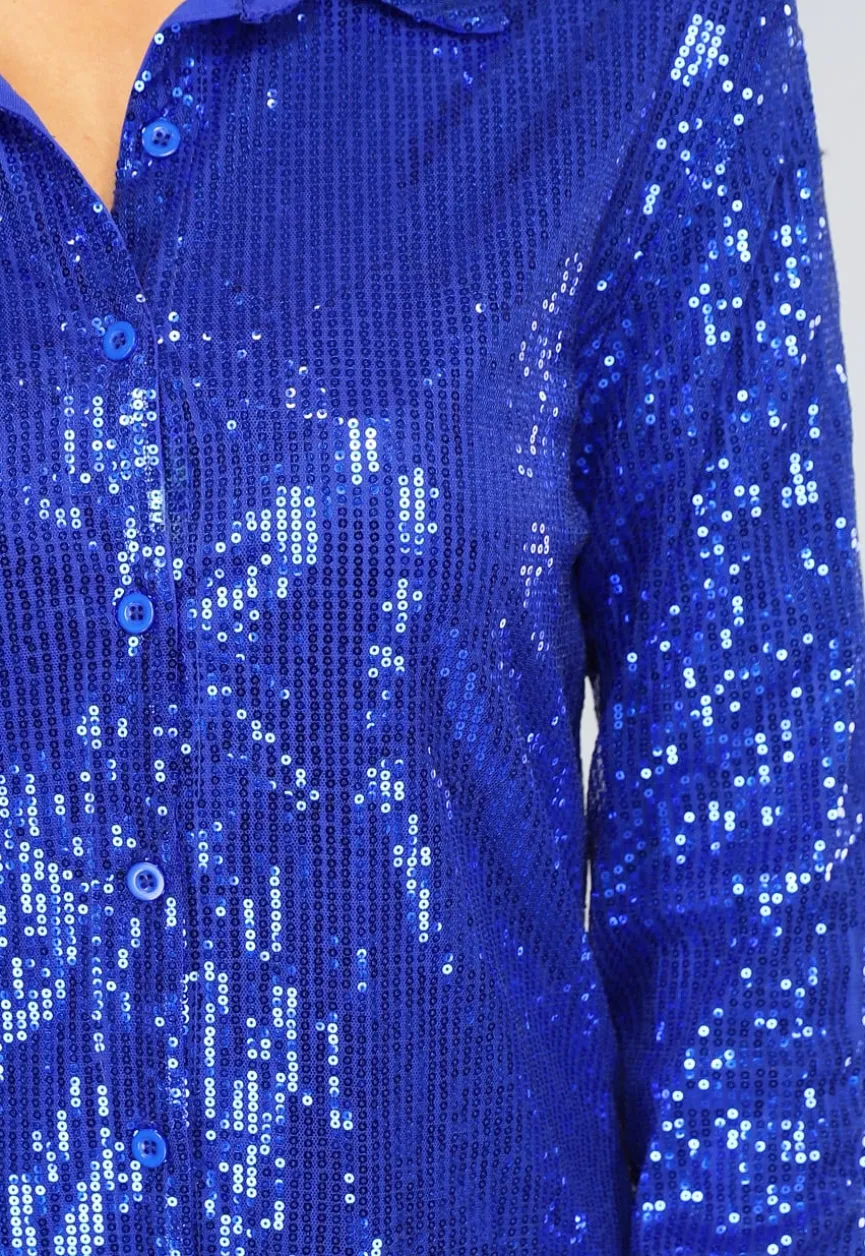 Blauwe Blouse Jurk met Glitters en Kraagje
