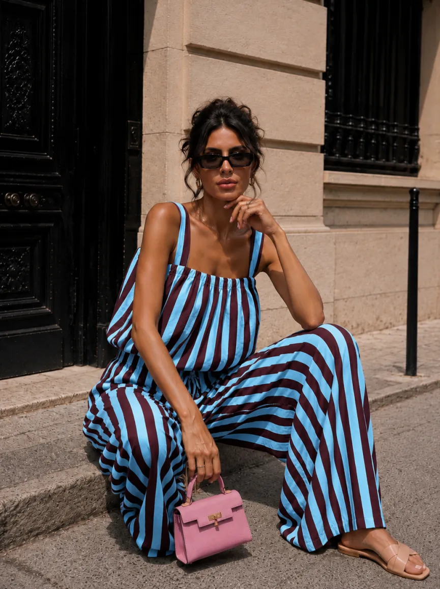 Blauwe Burgundy Gestreepte Two Piece Set met Mouwloze Top en Wide Leg Broek