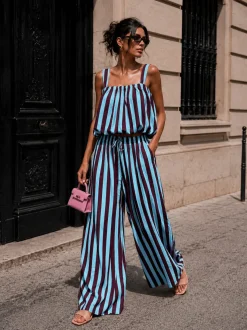 Blauwe Burgundy Gestreepte Two Piece Set met Mouwloze Top en Wide Leg Broek
