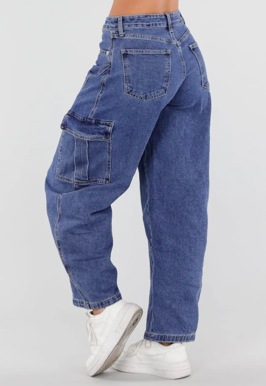 Blauwe Cargo Barrel Jeans met Opgestikte Zakken