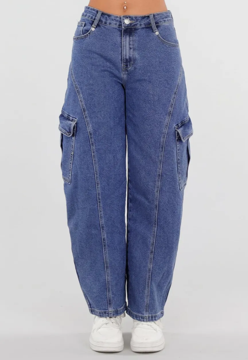 Blauwe Cargo Barrel Jeans met Opgestikte Zakken