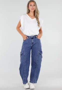 Blauwe Cargo Barrel Jeans met Opgestikte Zakken