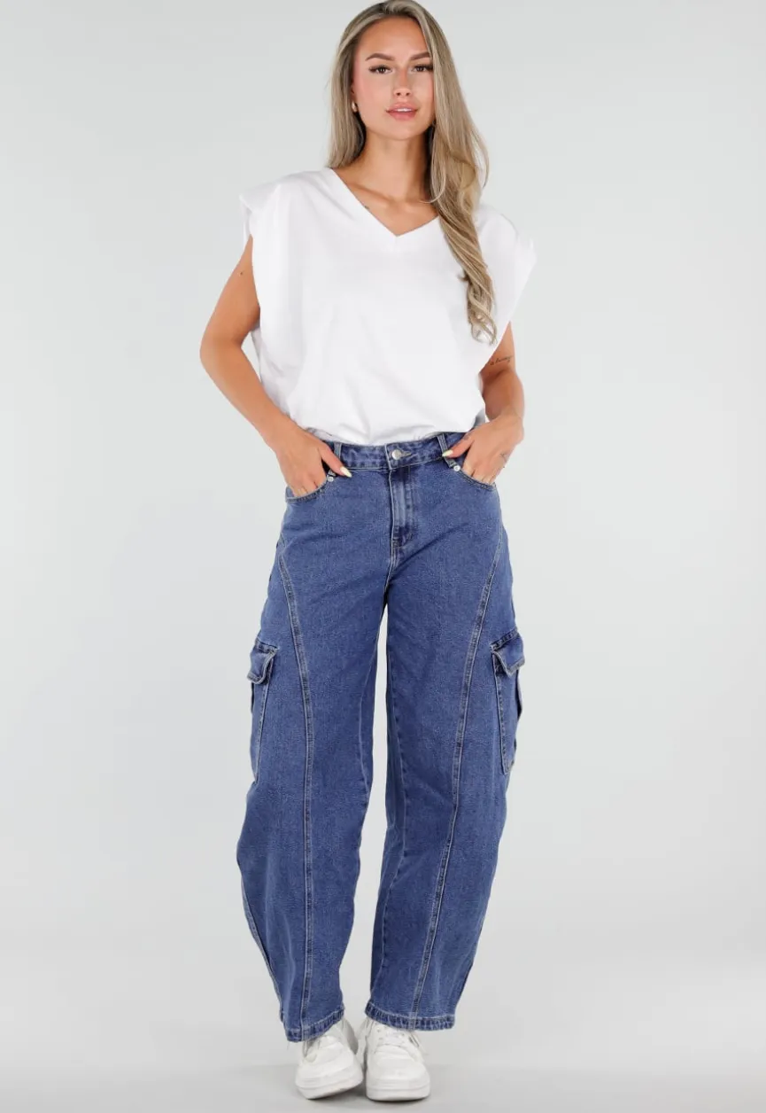 Blauwe Cargo Barrel Jeans met Opgestikte Zakken