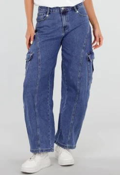 Blauwe Cargo Barrel Jeans met Opgestikte Zakken