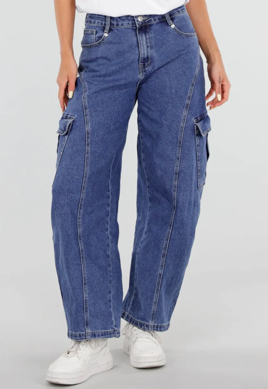 Blauwe Cargo Barrel Jeans met Opgestikte Zakken