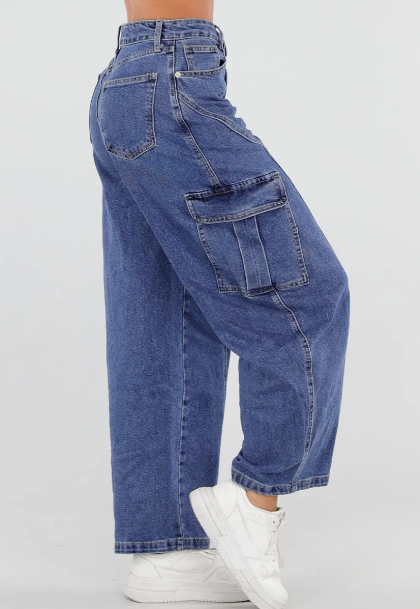 Blauwe Cargo Barrel Jeans met Opgestikte Zakken