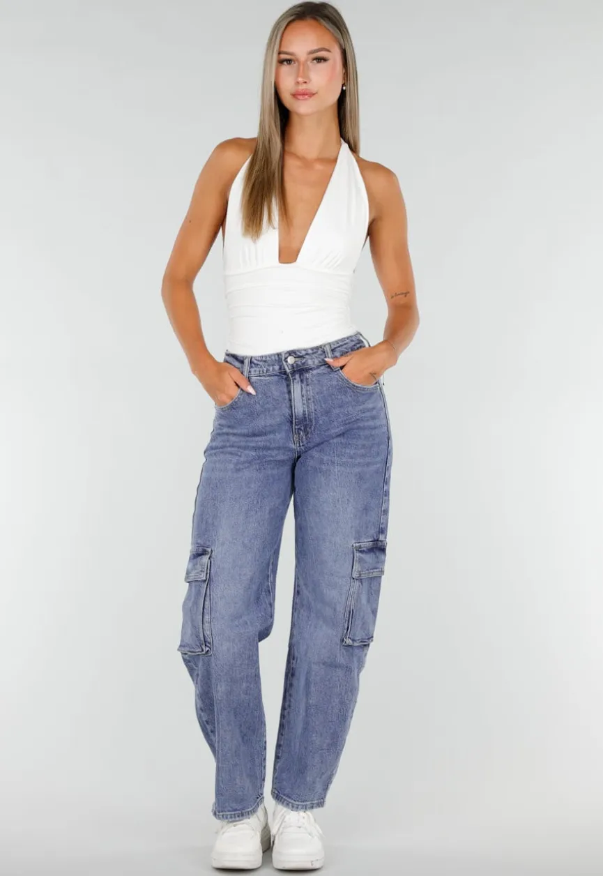 Blauwe Denim Barrel Cargo Jeans met Zijzakken