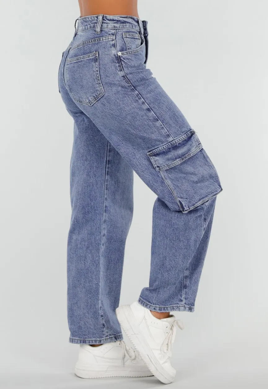 Blauwe Denim Barrel Cargo Jeans met Zijzakken