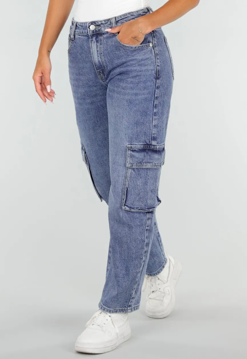 Blauwe Denim Barrel Cargo Jeans met Zijzakken