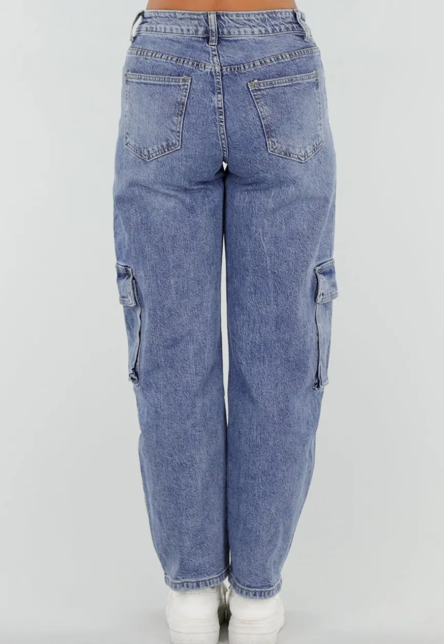 Blauwe Denim Barrel Cargo Jeans met Zijzakken