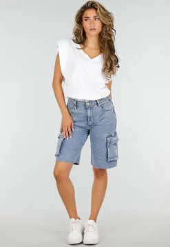 Blauwe Denim Cargo Bermuda Short met Ruwe Zoom