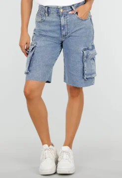 Blauwe Denim Cargo Bermuda Short met Ruwe Zoom