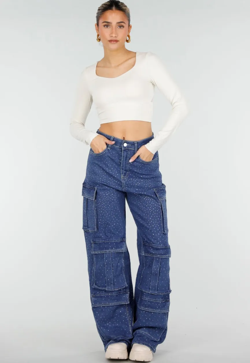 Blauwe Denim Cargo Jeans met Strass Steentjes en Wide Leg Pasvorm