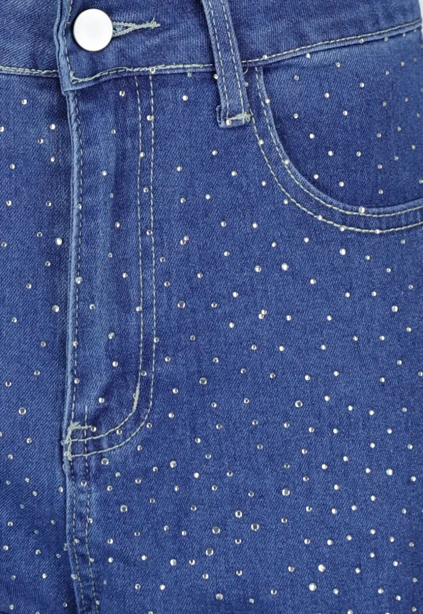 Blauwe Denim Cargo Jeans met Strass Steentjes en Wide Leg Pasvorm