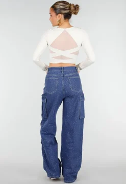 Blauwe Denim Cargo Jeans met Strass Steentjes en Wide Leg Pasvorm